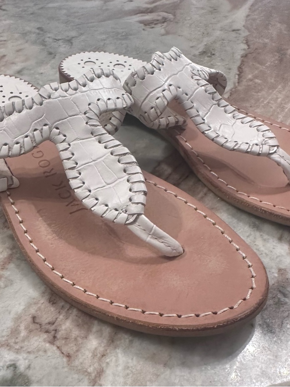 Jack Rogers White Leather Whipstitch Sandals with Pink Footbed